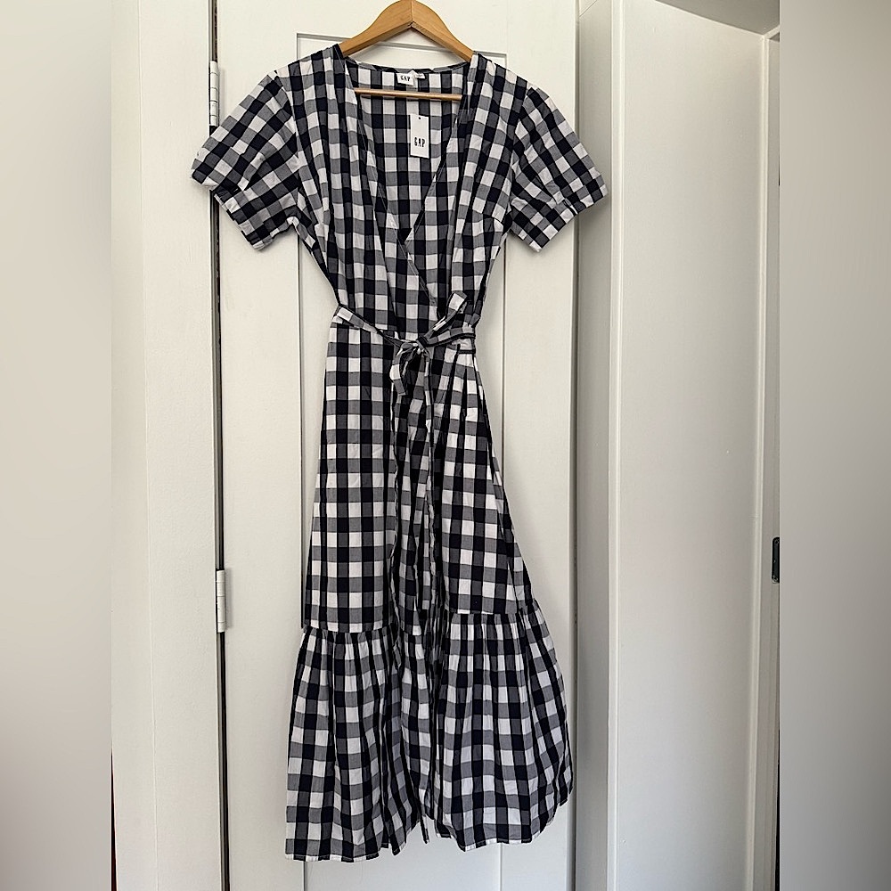 GAP Gingham Check Midi Wrap Dress with Pockets (Small)